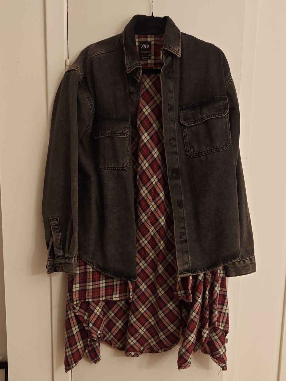 Zara Women's Washed Charcoal Shirt Jacket with Red Plaid Liner